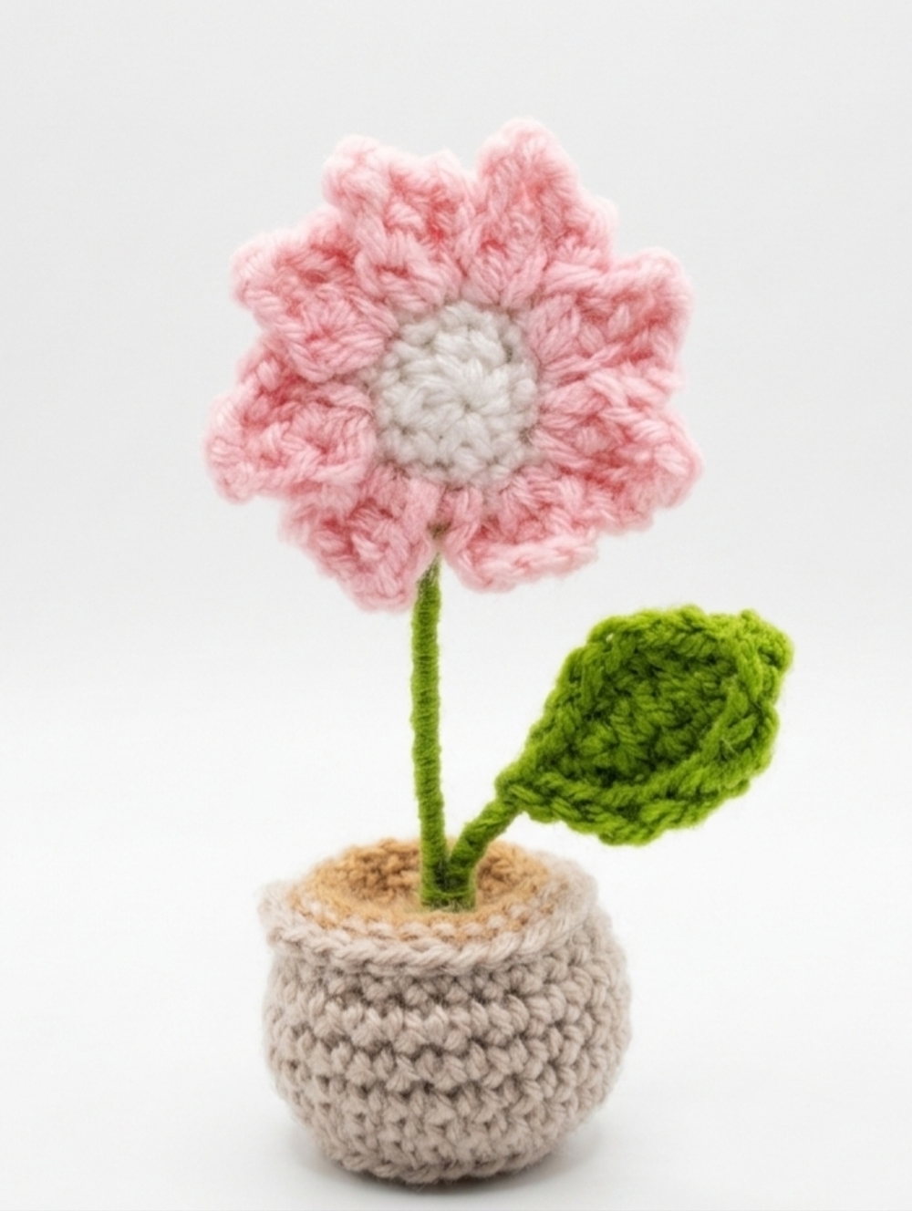 Handmade Pink Crochet Flower in Beige Pot - Home Accent